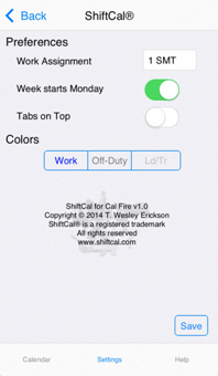 ShiftCal settings on iPhone