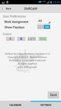 ShiftCal settings on Android