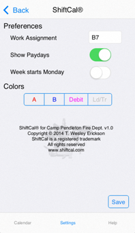 ShiftCal settings on iPhone