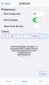 ShiftCal settings on iPhone