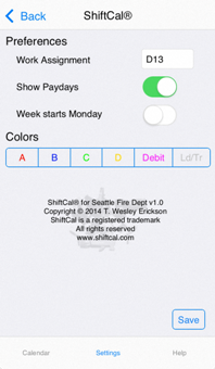 ShiftCal settings on iPhone